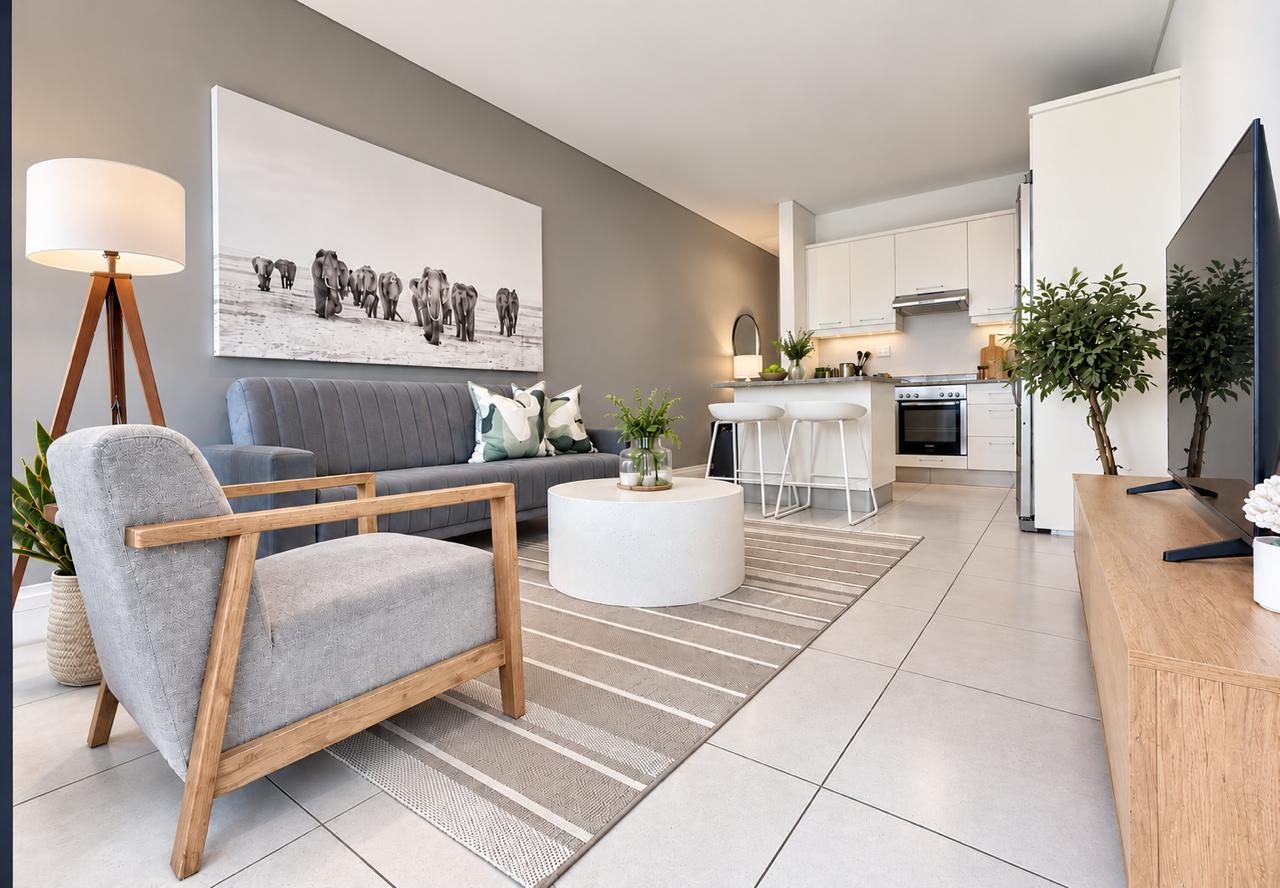 Open-plan Airhost apartment lounge and kitchen